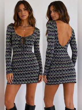 Zara Green and Purple Wavy-Stripe Long-Sleeve Mini Dress Size XS Y2K Festival